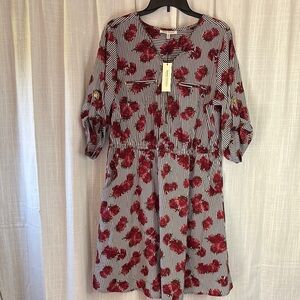 Gray and Red Casual Sundress with Bishop Sleeves